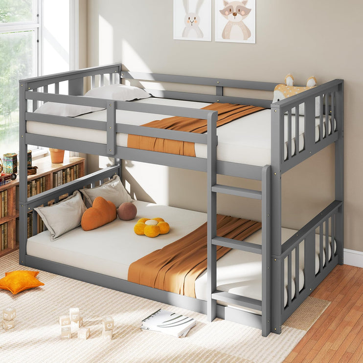 Wooden Bunk Bed Twin Over Twin, Low Bunk Bed, Solid Pine Wood Bed Frame with Built-in Ladder, Convertible Bed Frame That Separates into 2 Twin Beds, Floor Bunk Bed for Bedroom, Gray