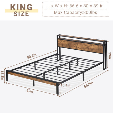 Full/ Queen/King Bed Frame with Charging Station & Headboard, Wooden & Metal Bed Frame