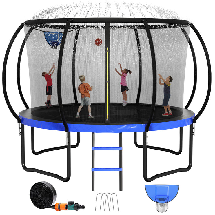 12ft /14ft Blue Trampoline with a Basketball Hoop, a Sprinkler & 4 Stakes