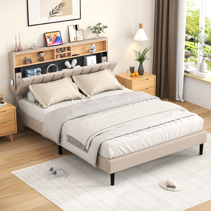 Full/Queen Upholstered Bed Frame with Charging Station & Hidden Storage Headboard, Wooden Bed Frame