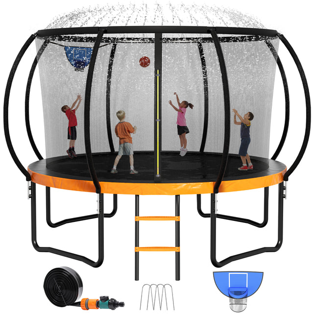 12ft /14ft Orange Trampoline with a Basketball Hoop, a Sprinkler & 4 Stakes