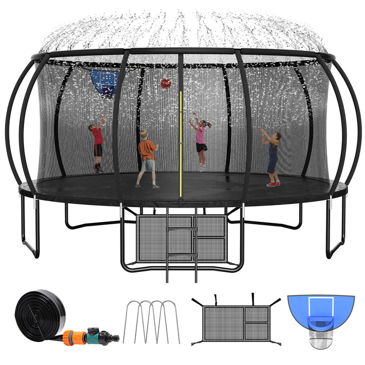 16ft Black Trampoline with a Basketball Hoop, a Sprinkler & 5 Stakes