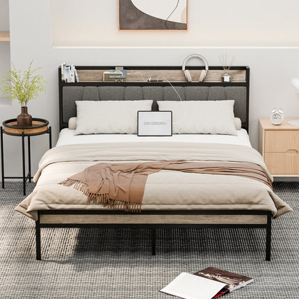 Full/Queen Bed Frame with Charging Station & Headboard, Wooden & Metal Bed Frame