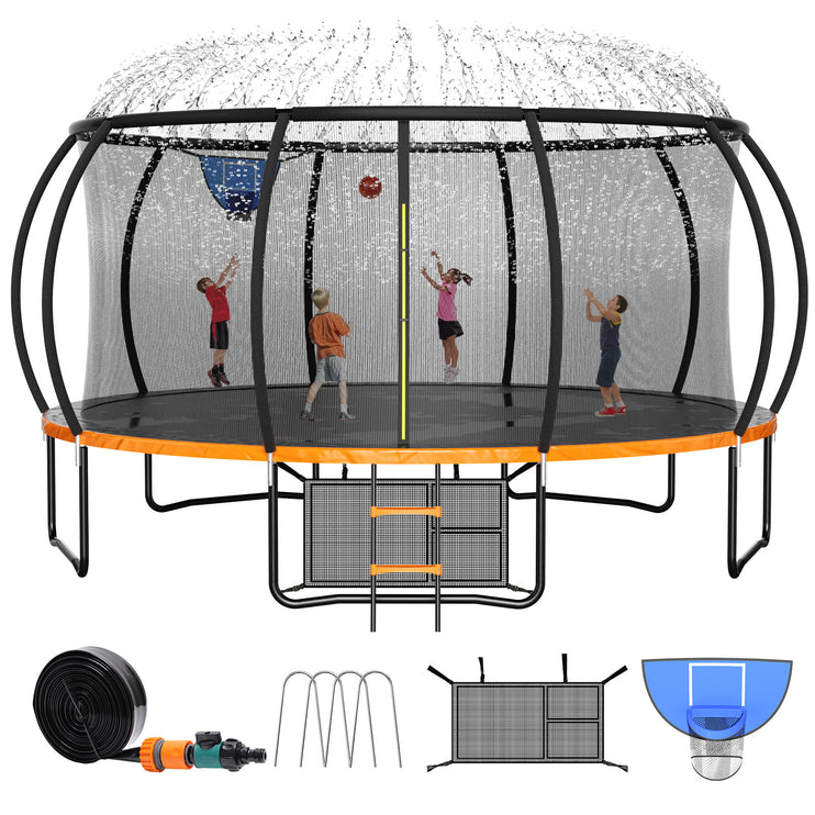 16ft Orange Trampoline with a Basketball Hoop, a Sprinkler & 5 Stakes