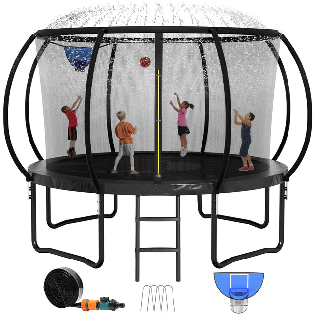 12ft /14ft Black Trampoline with a Basketball Hoop, a Sprinkler & 4 Stakes