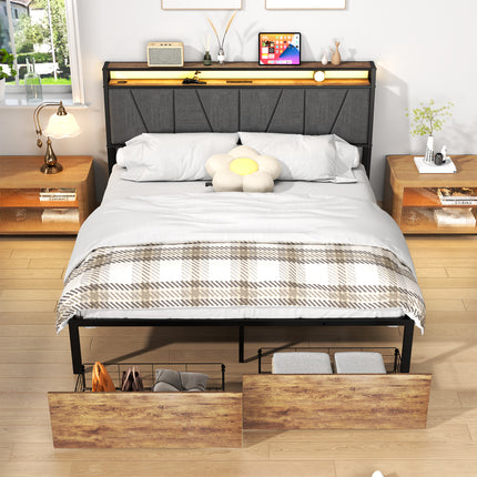 Full/ Queen/King Bed Frame with Charging Station, Storage Drawers  Upholstered Headband, Wooden & Metal Bed Frame