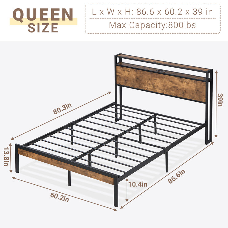 Full/ Queen/King Bed Frame with Charging Station & Headboard, Wooden & Metal Bed Frame