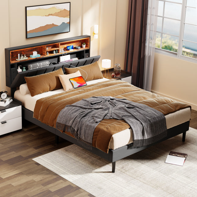 Full/Queen Upholstered Bed Frame with Charging Station & Hidden Storage Headboard, Wooden Bed Frame