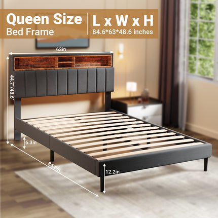 Full/Queen Upholstered Bed Frame with Charging Station & Hidden Storage Headboard, Wooden Bed Frame