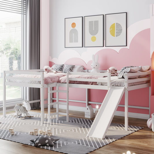 Zevemomo Full Size L-Shaped Loft Bed with Built-in Ladders and Slide,Wooden Loft Beds,White