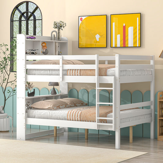 Zevemomo Full Over Full Bunk Beds with Bookcase Headboard, Solid Wood Bed Frame with Safety Rail and Ladder, Kids/Teens Bedroom, Guest Room Furniture, Can Be converted into 2 Beds, White