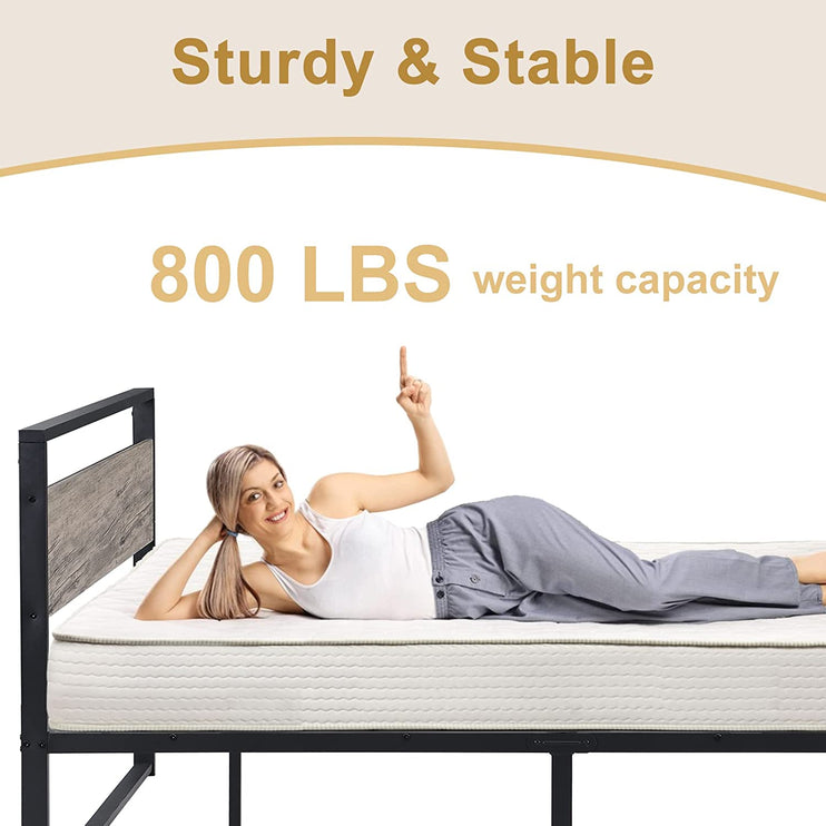 Queen Bed Frame, Queen Size Platform Bed Frame with Wood Headboard & Metal Slats/Steel Mattress Foundation/Heavy Duty Metal Support/No Box Spring Needed/Noise-Free/Easy Assembly/Brown