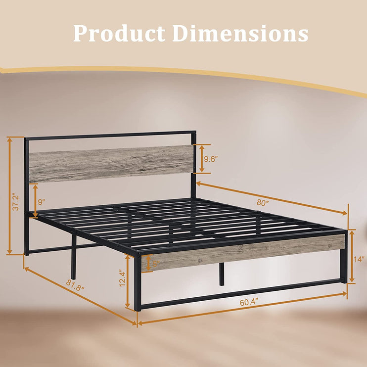 Queen Bed Frame, Queen Size Platform Bed Frame with Wood Headboard & Metal Slats/Steel Mattress Foundation/Heavy Duty Metal Support/No Box Spring Needed/Noise-Free/Easy Assembly/Brown